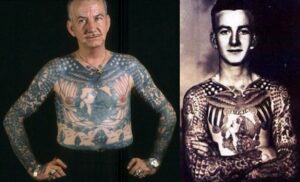Aged tattoo comparison on a man whose chest and arms are fully covered.